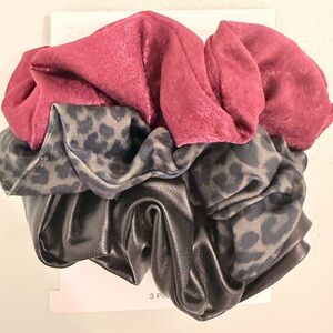 3-Pack Scrunchies in Burgundy, Gray Leopard & Black